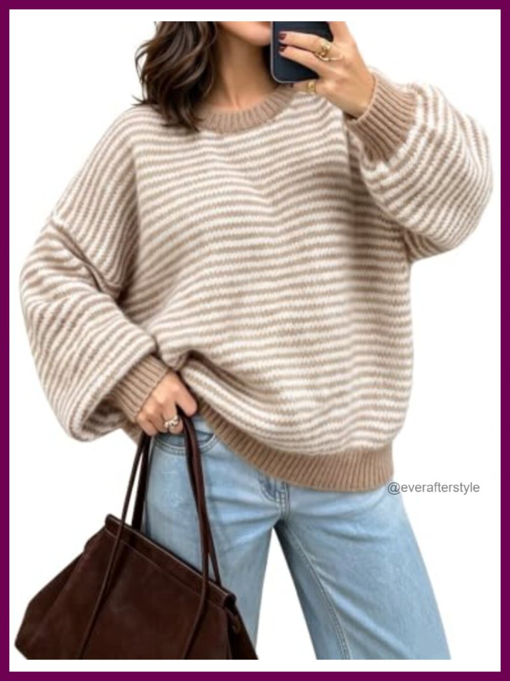 Oversized Striped Color Block Knit Pullover Sweater Crew Neck Fall Top